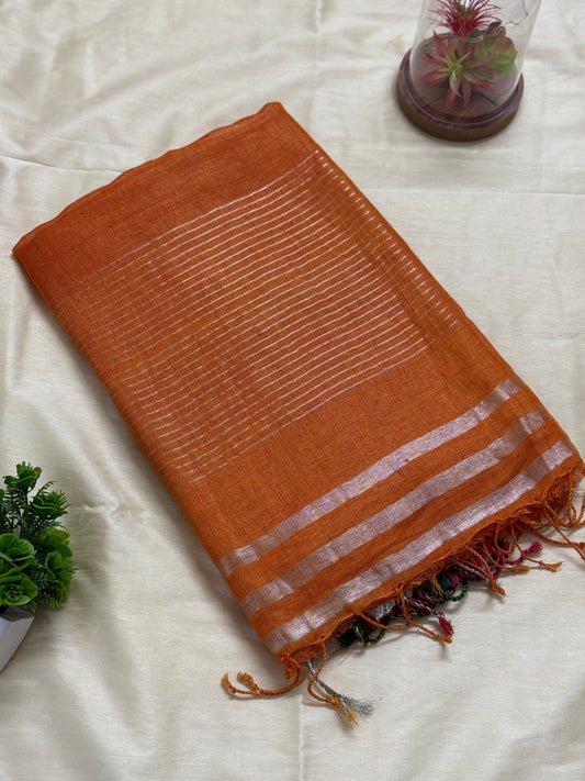Embroidered Orange Linen-Cotton Saree with Silver Zari