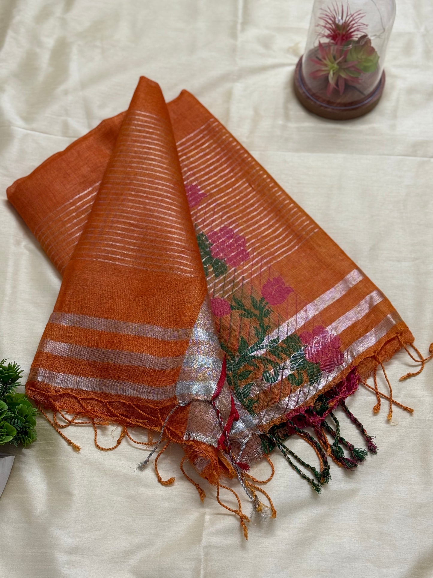 Embroidered Orange Linen-Cotton Saree with Silver Zari
