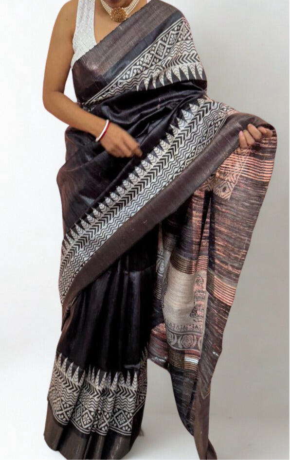 Black Tussar Ghicha Silk Saree with Madhubani Print
