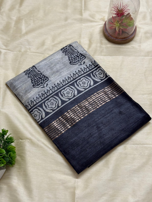 Black Tussar Ghicha Silk Saree with Madhubani Print