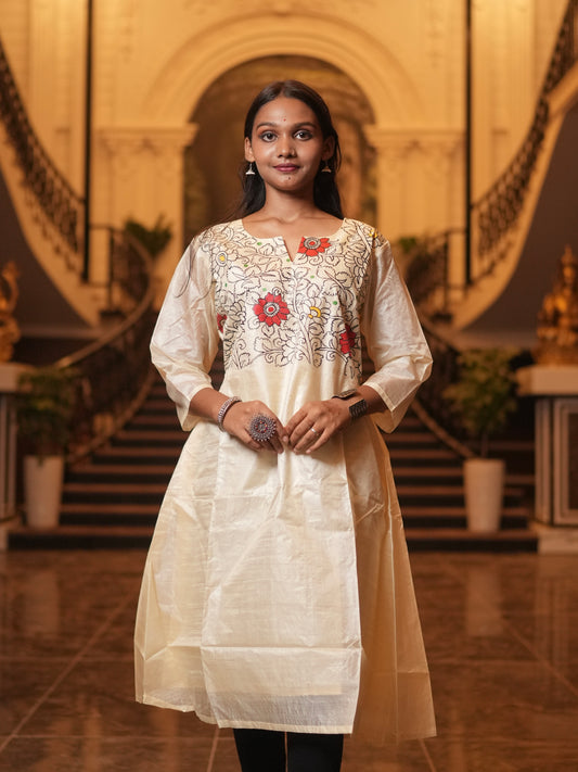 Kamal Handpainted Ivory Tussar Silk Kurta