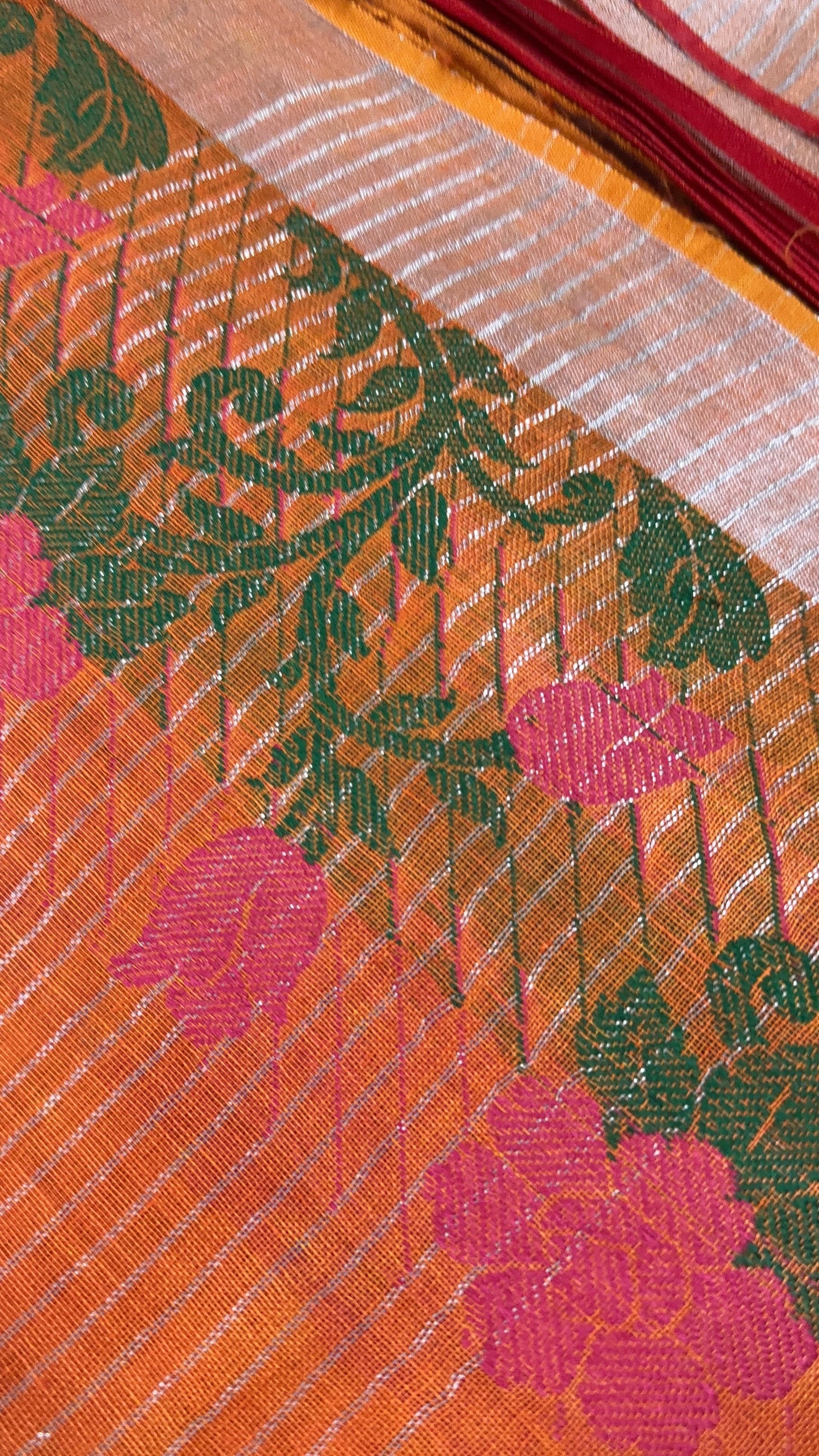 Embroidered Orange Linen-Cotton Saree with Silver Zari