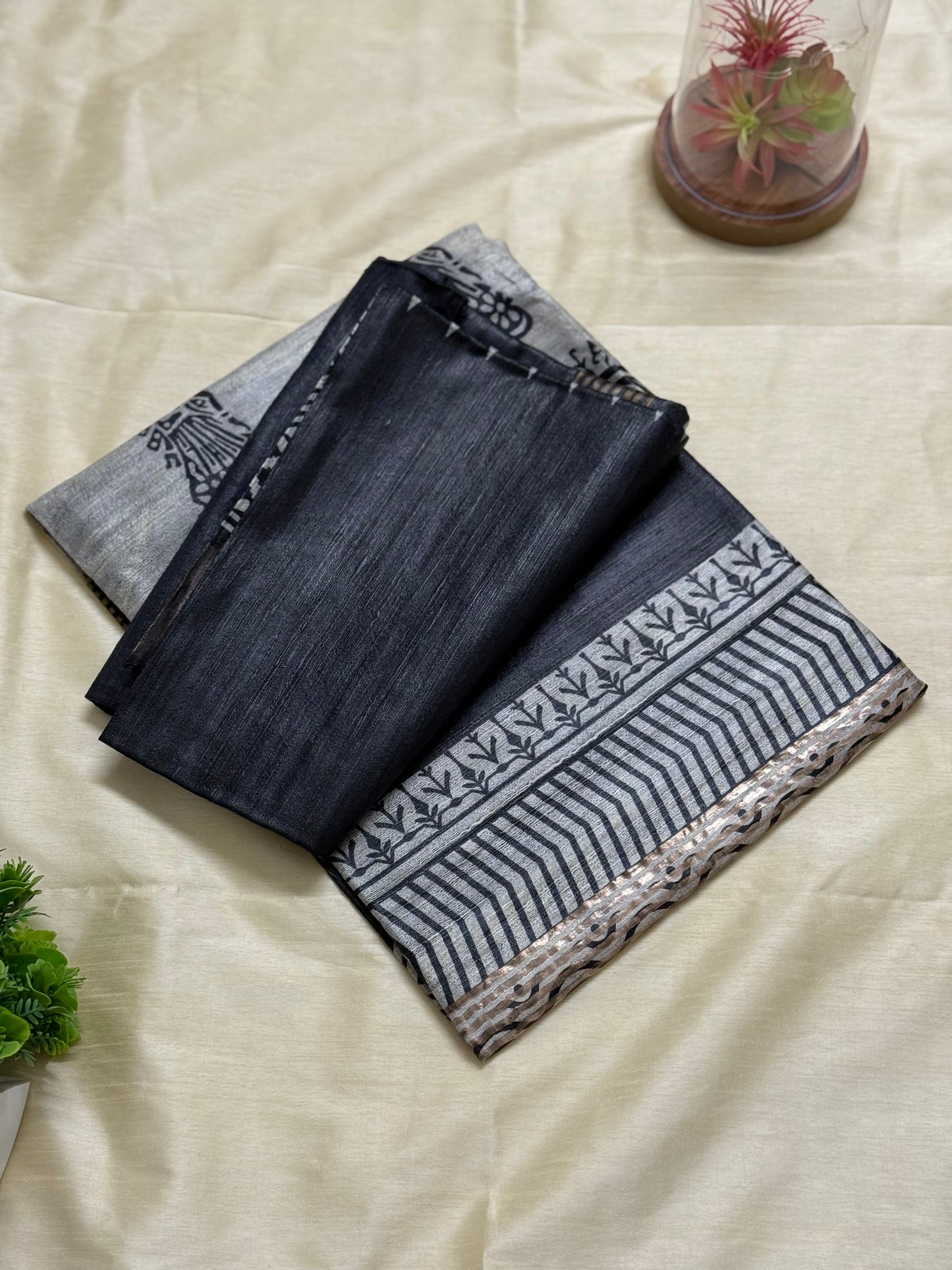 Black Tussar Ghicha Silk Saree with Madhubani Print