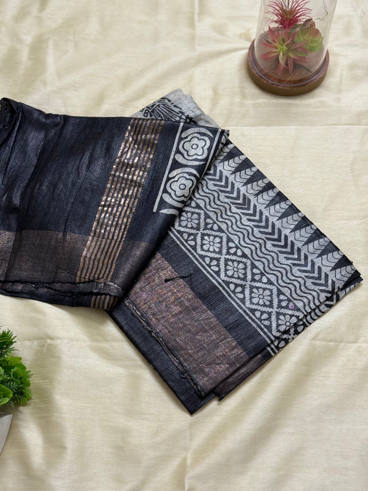 Black Tussar Ghicha Silk Saree with Madhubani Print