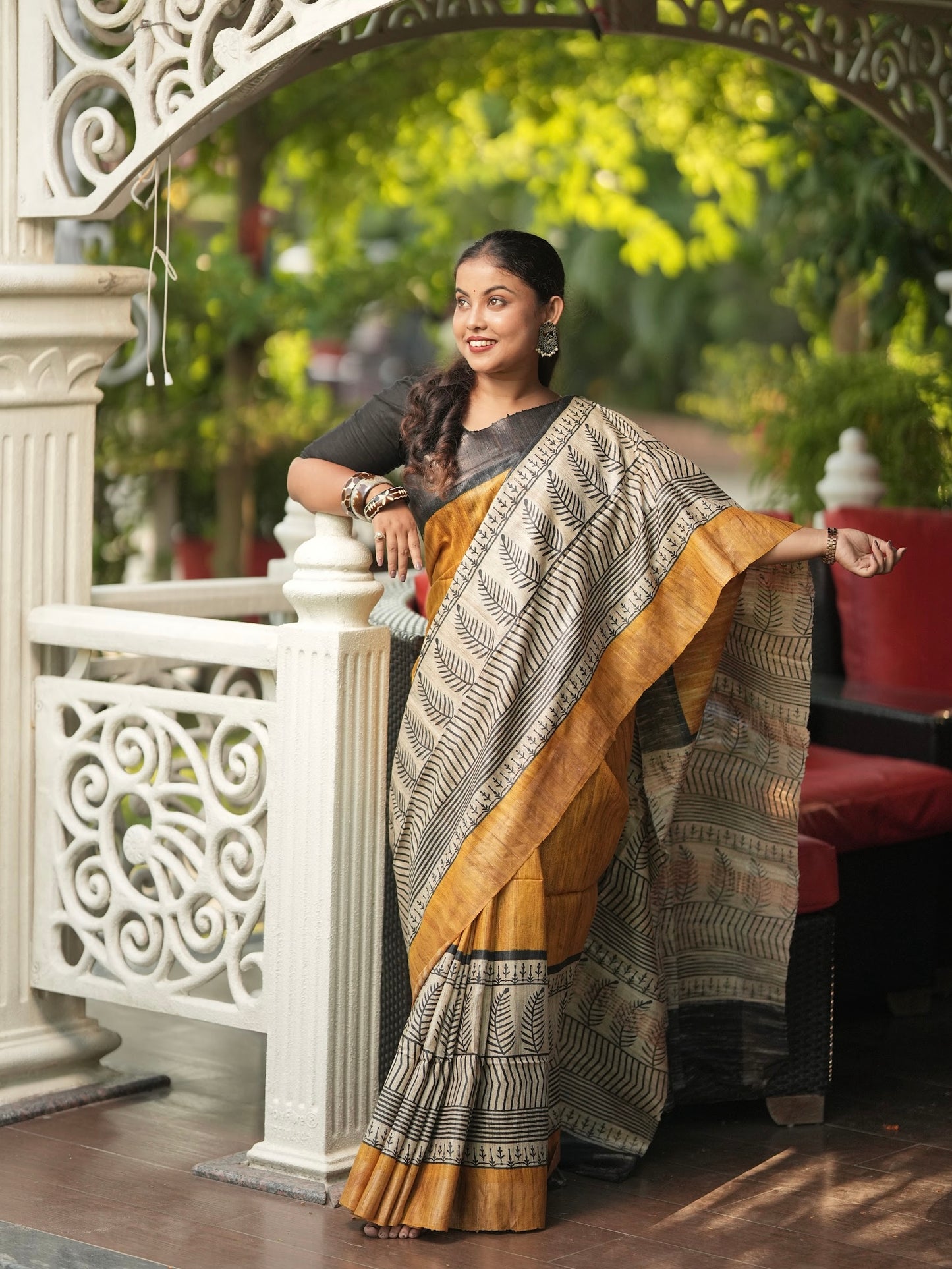 Mustard Yellow Ghicha Silk Tussar Saree with Printed Border