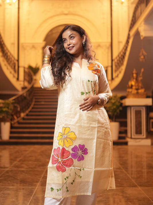 Gulmohar Handpainted Ivory Tussar Silk Kurta