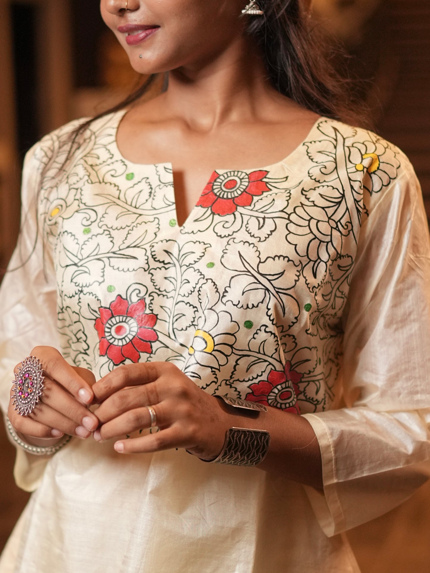 Kamal Handpainted Ivory Tussar Silk Kurta
