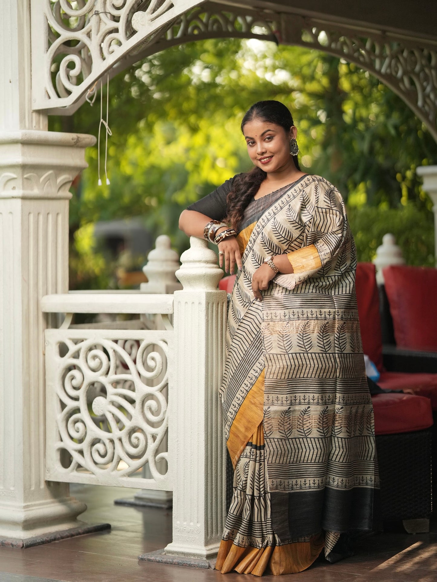 Mustard Yellow Ghicha Silk Tussar Saree with Printed Border