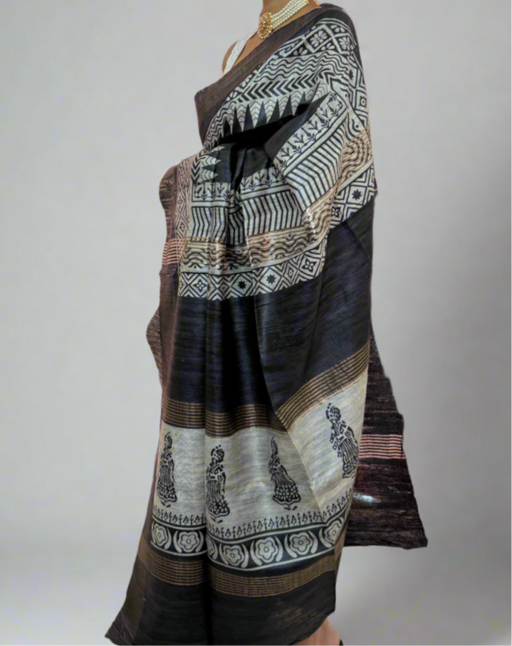 Black Tussar Ghicha Silk Saree with Madhubani Print