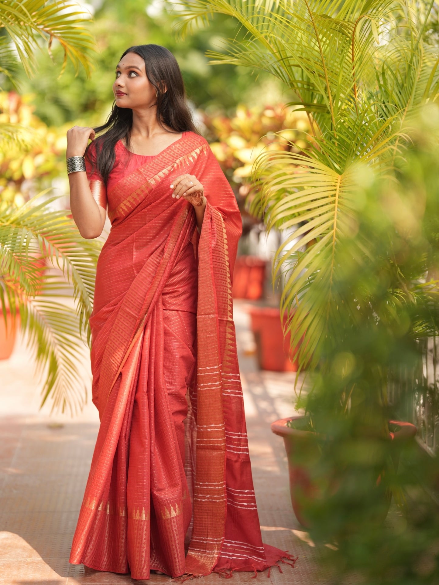 Red Manglagiri Silk Saree with Temple Zari Border