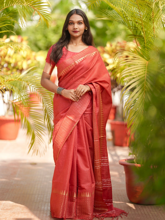 Red Manglagiri Silk Saree with Temple Zari Border